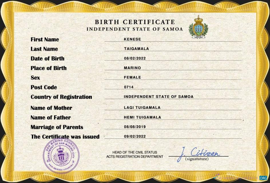 Download Samoa vital record birth certificate PSD template Photoshop template